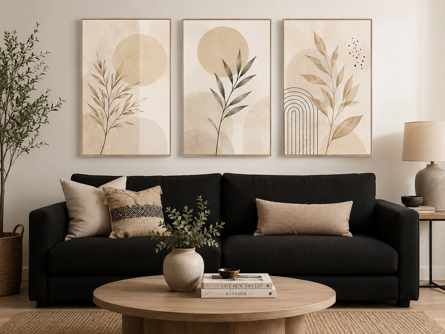 Soft Botanical Sunrise Canvas Wall Art Print – 3-Piece Natural Boho Set